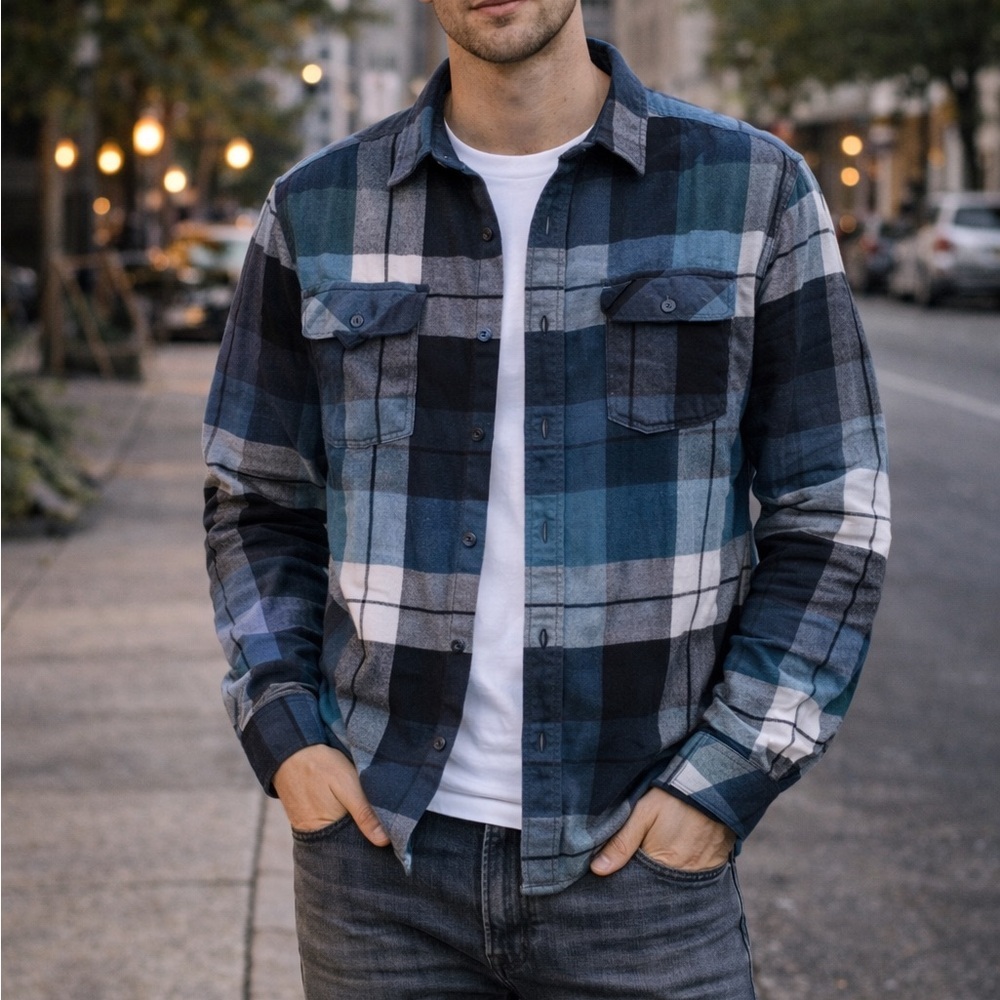 Men’s Hawk Plaid Flannel Button Down Shirt | Teal Blue Black | Size L